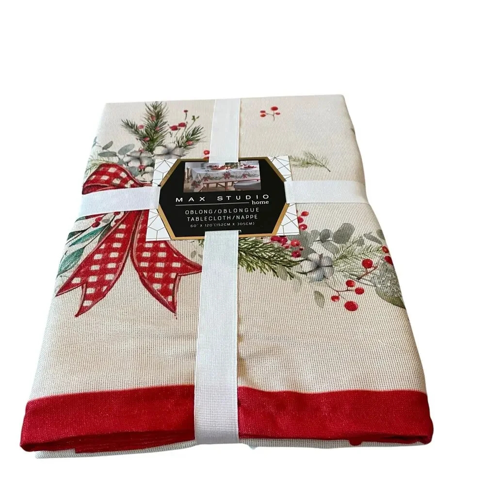 Max Studio Christmas Red Bows & Holly Holiday Tablecloth Oblong 60x120 New